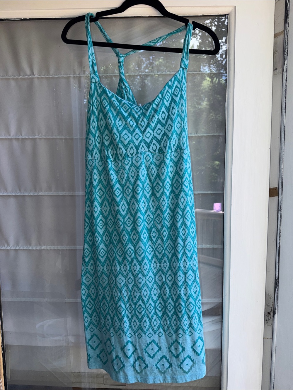Dakini Teal and White Diamond-Print Midi Dress
